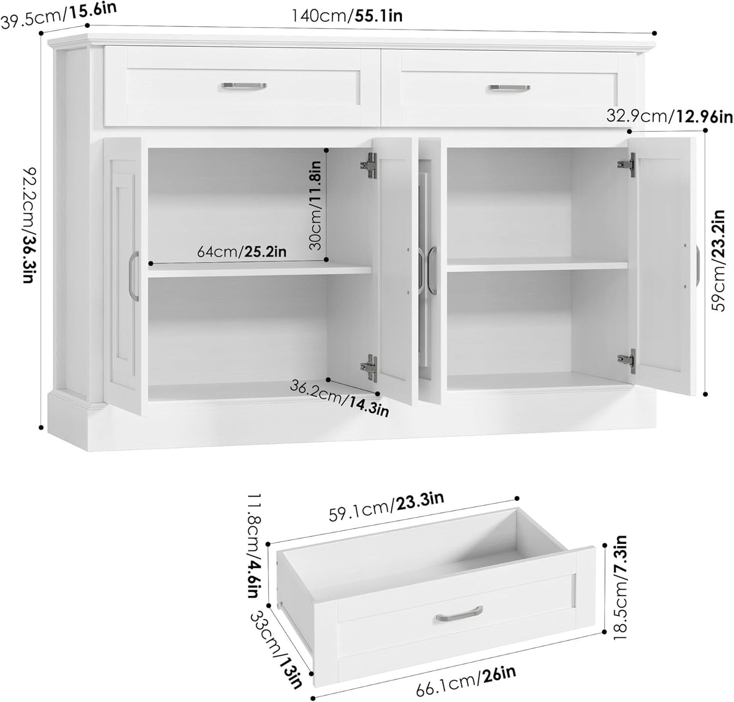Luxury White Sideboard – 36" Tall Buffet Cabinet with Storage & Silver Pulls