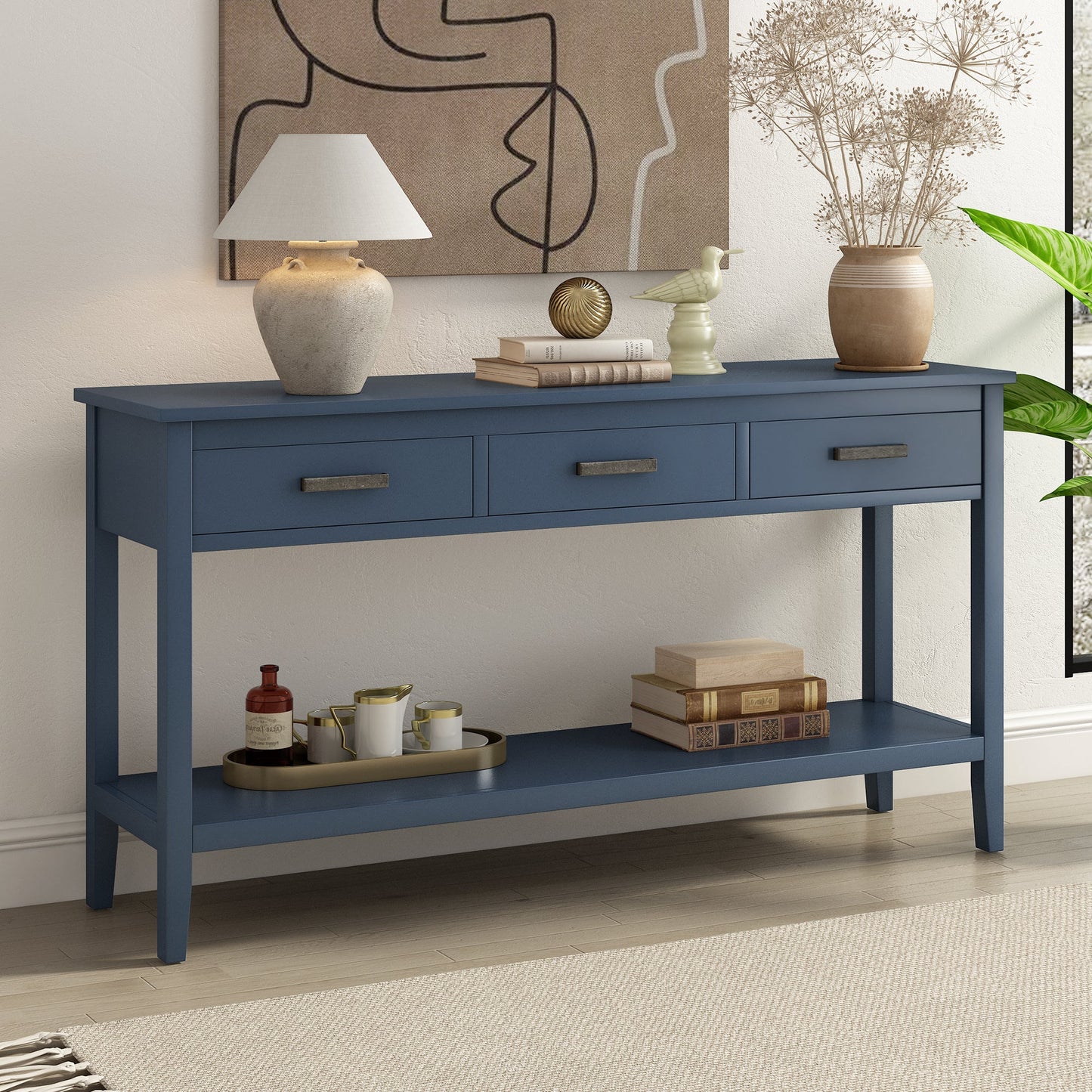 Navy Blue Console Table with Drawers & Shelf | Minimalist Sofa Table