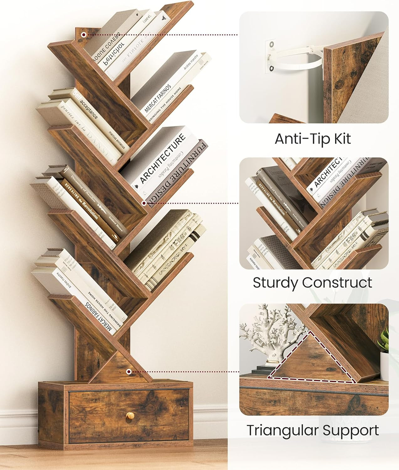 9-Tier Tree Book Shelf with Drawer