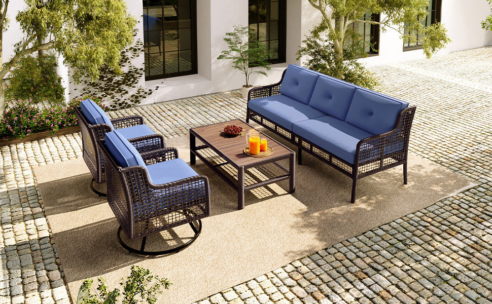 5-Piece Outdoor Swivel Patio Furniture Set with Blue Cushions and Wood Coffee Table