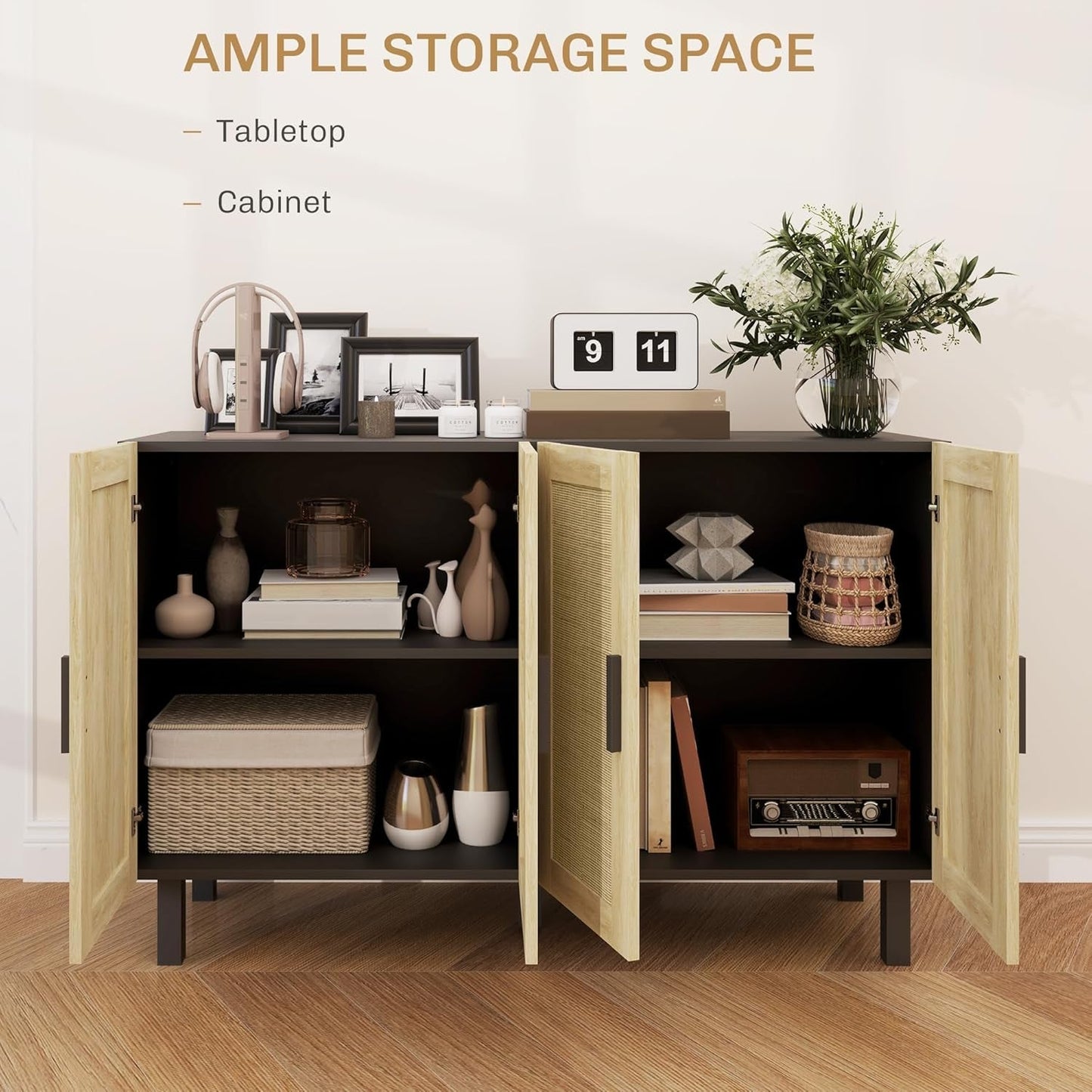 Boho Chic Rattan Buffet Cabinet with Adjustable Shelves – Black & Natural