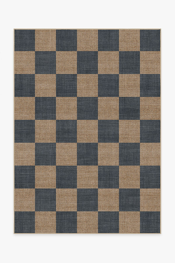 Modern Checkerboard Jute Rug | Soft Navy & Cream Chenille