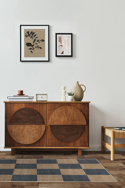 Modern Checkerboard Jute Rug | Soft Navy & Cream Chenille