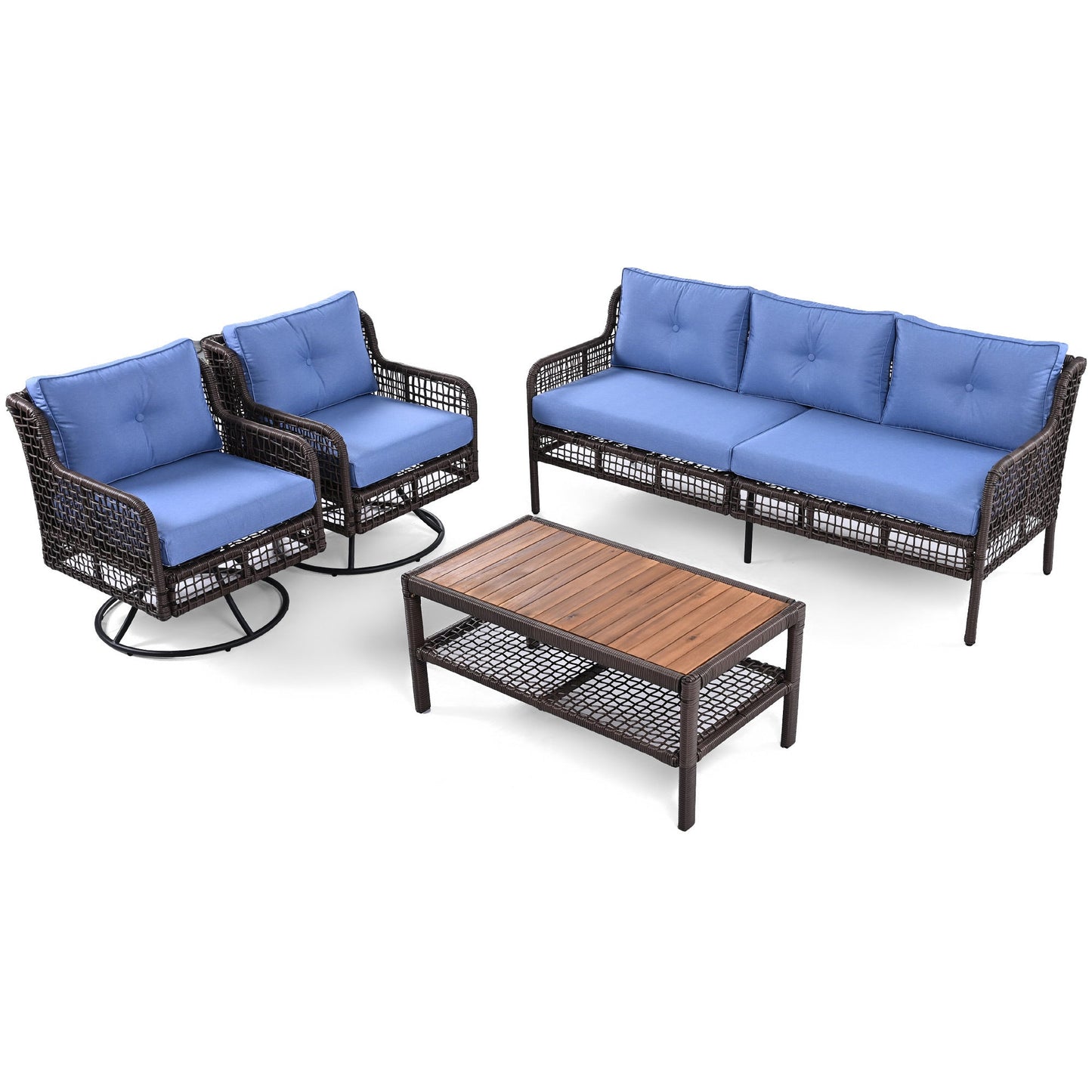 5-Piece Outdoor Swivel Patio Furniture Set with Blue Cushions and Wood Coffee Table