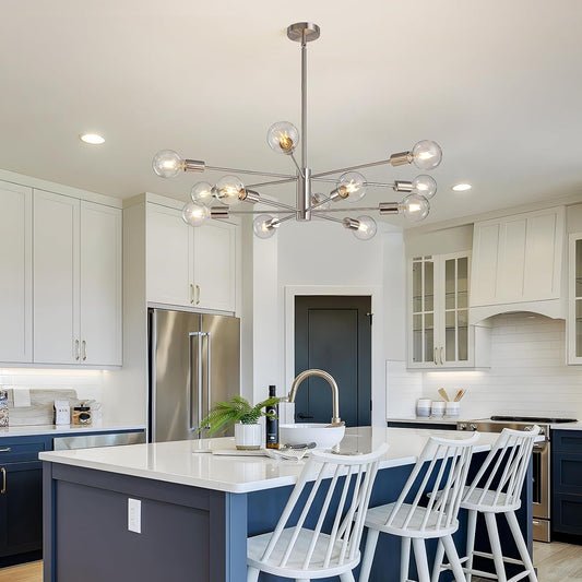Modern 12-Light Chandelier, 12 Lights Brushed Nickel