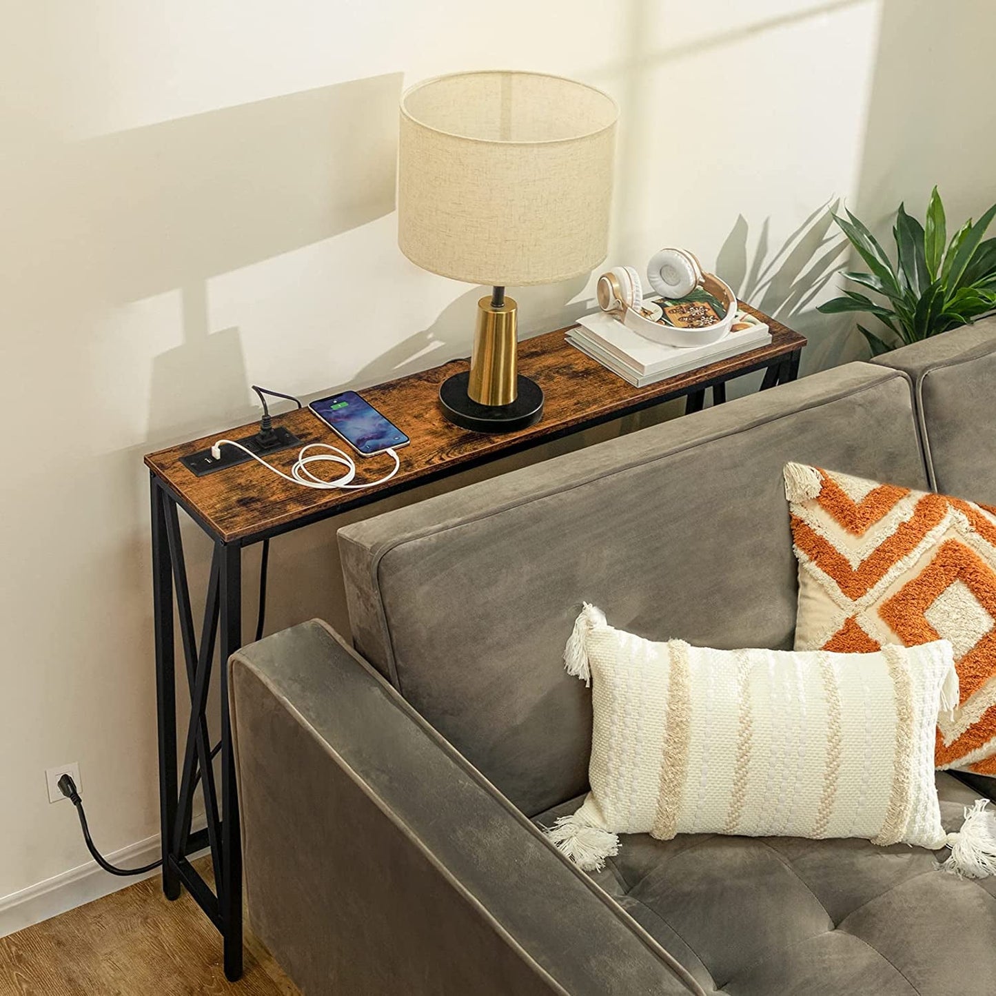 Rustic Brown Entry Table with USB and Outlet Plugs