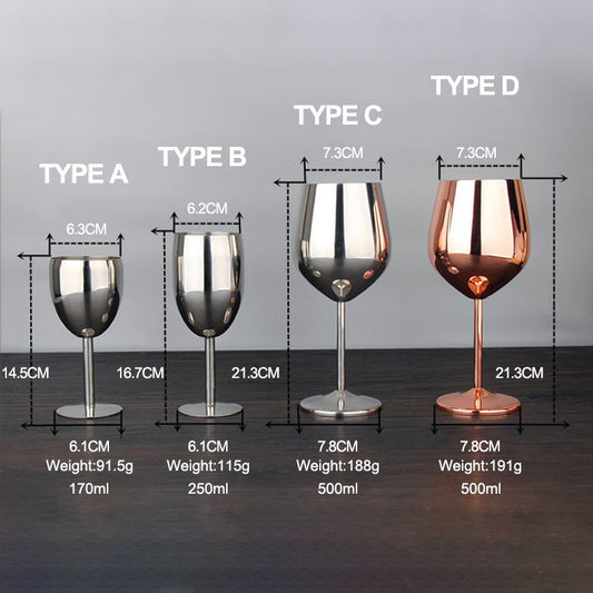 Four types of wine glasses with measurements and weights on a gray background