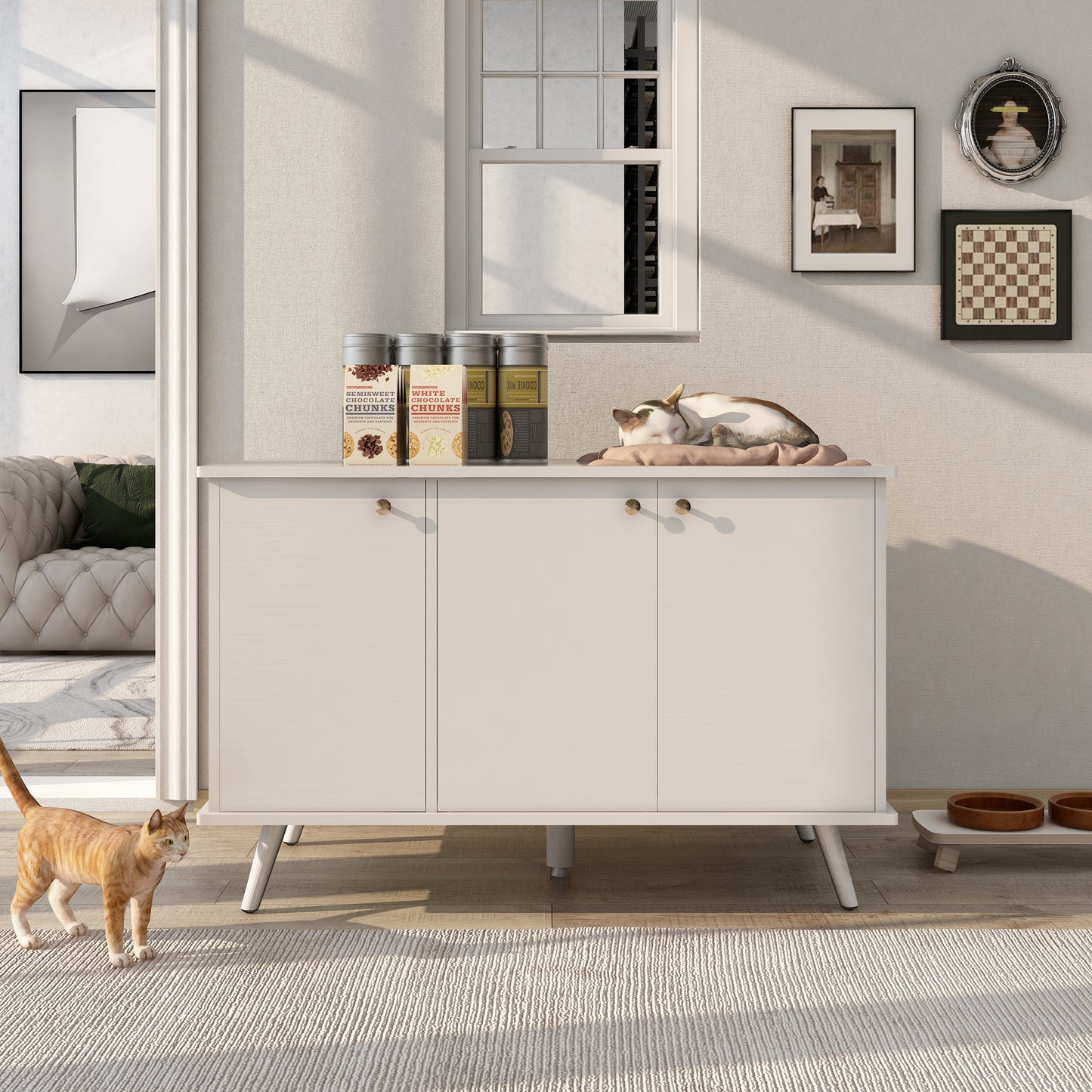 White Cat Litter Box Enclosure with Storage & Hidden Plug