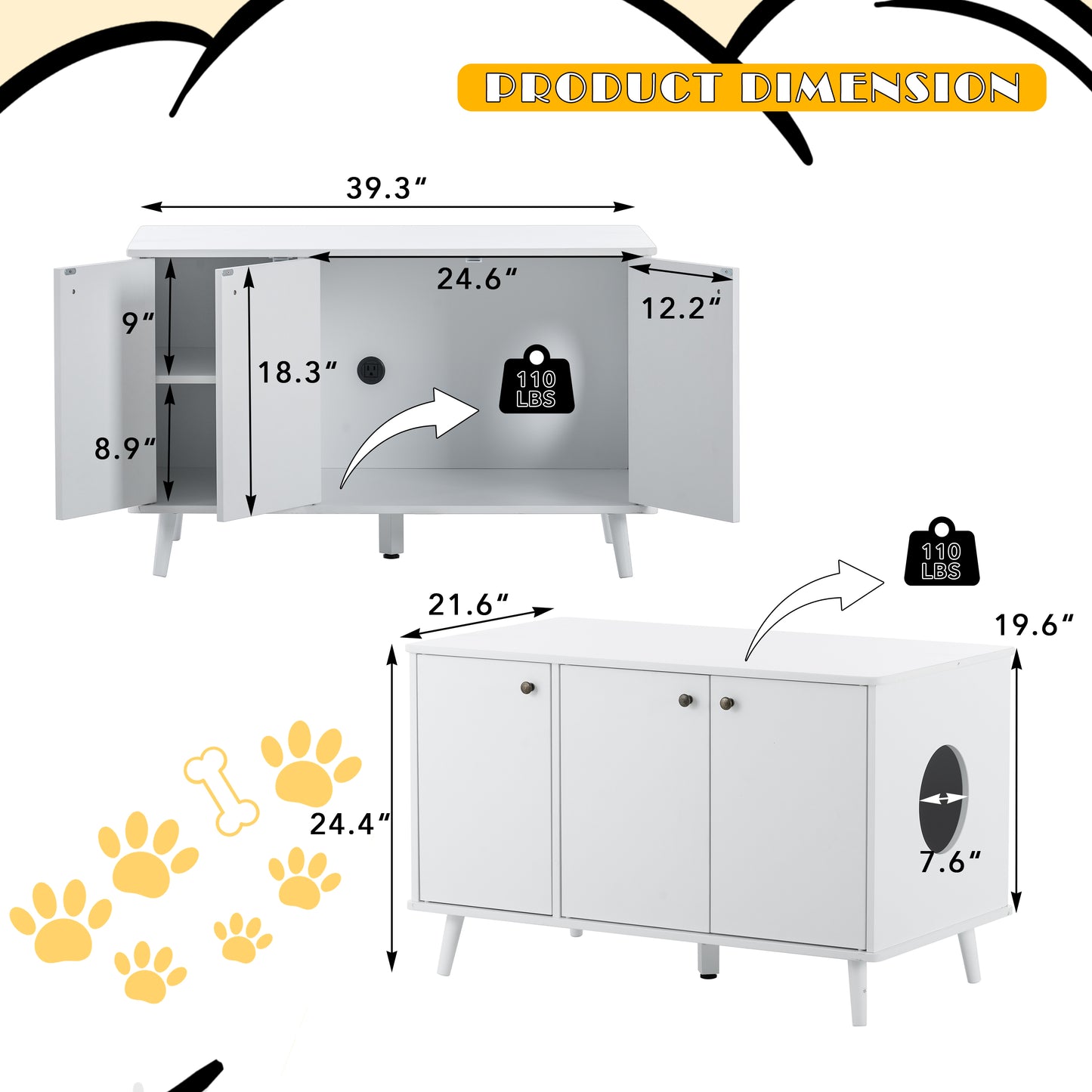 White Cat Litter Box Enclosure with Storage & Hidden Plug