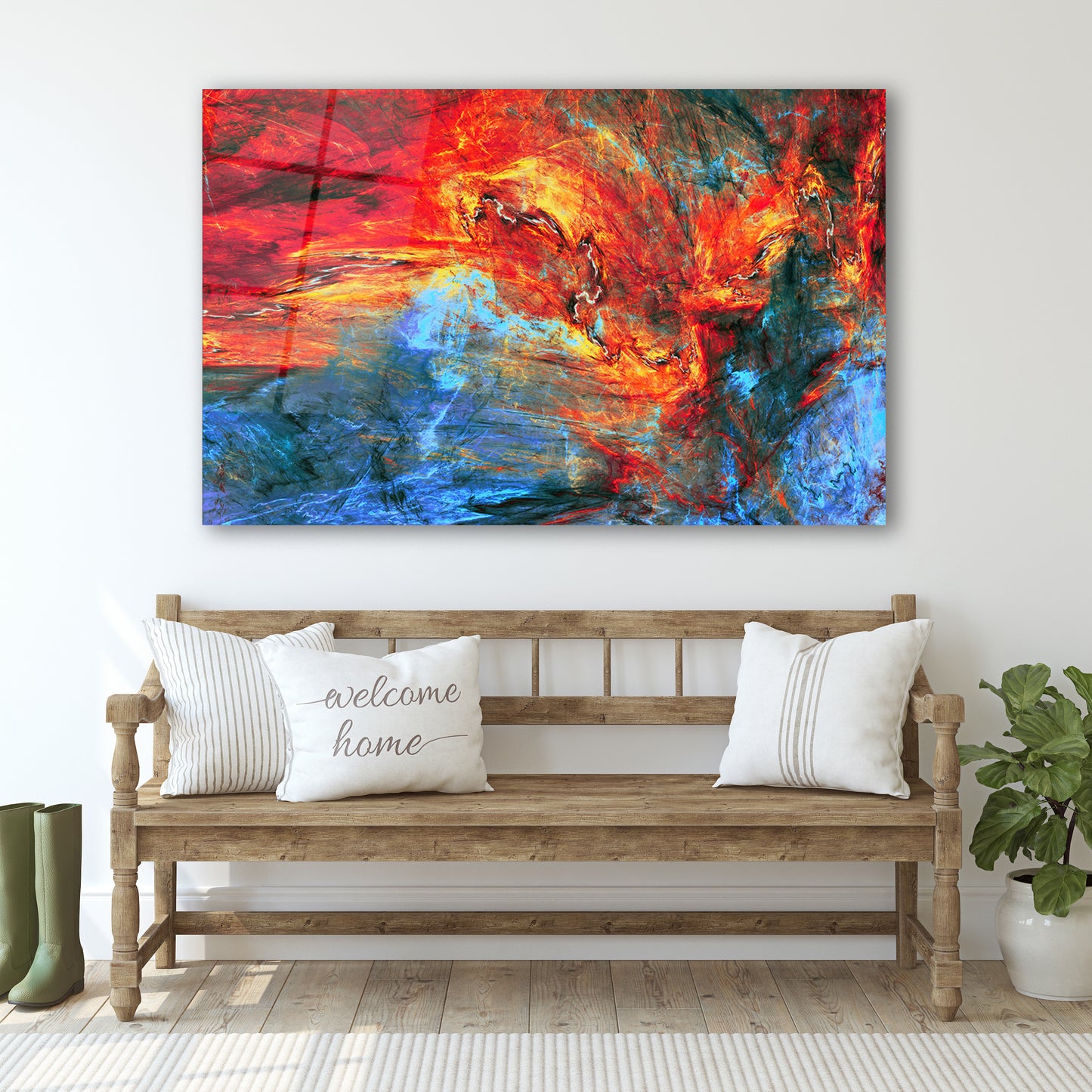 Abstract red and blue lava glass wall art with fractal design - modern home decor