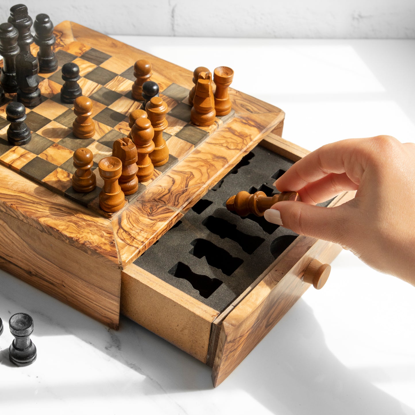 Tunisian Olive Wood Chessboard with One Large Drawer