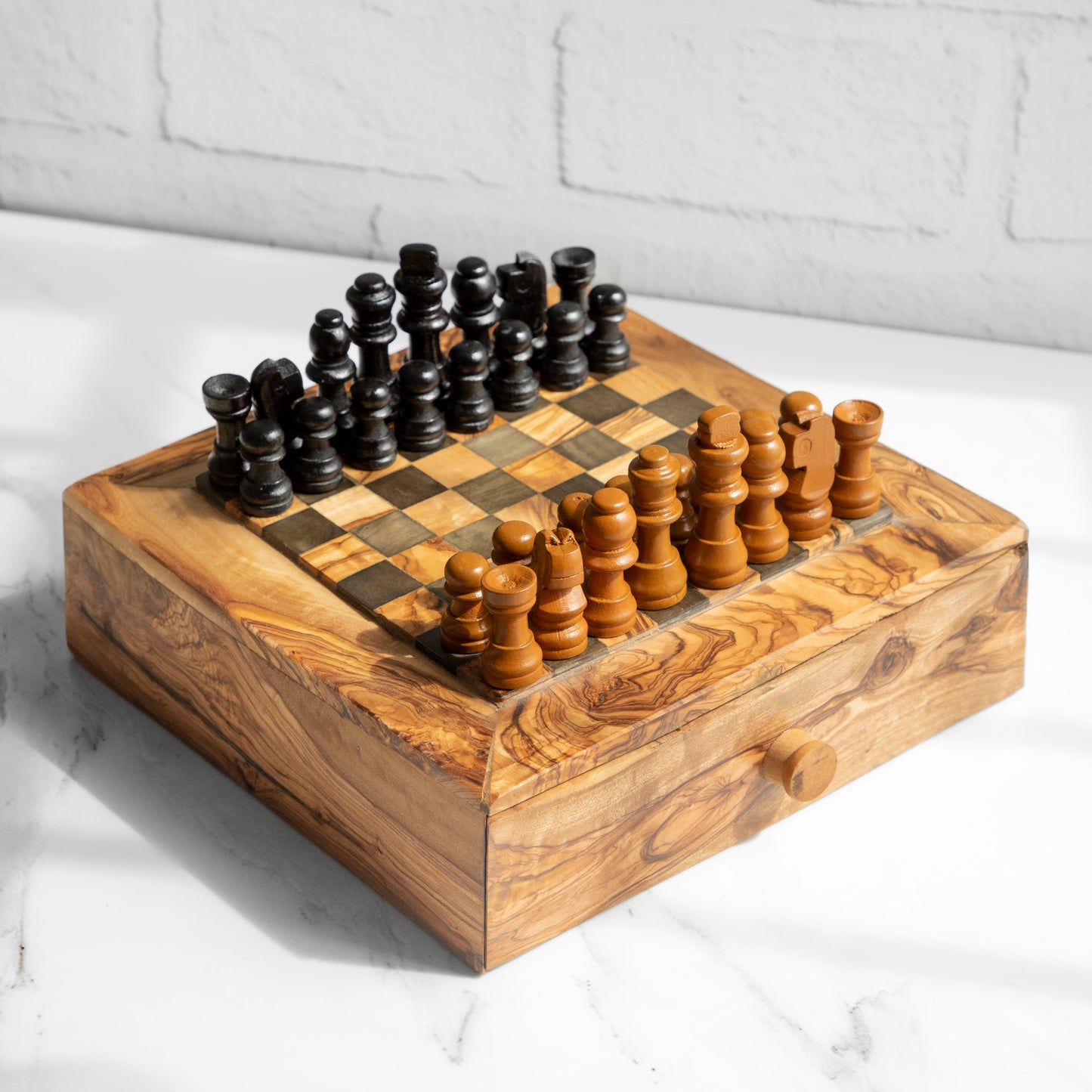 Tunisian Olive Wood Chessboard with One Large Drawer