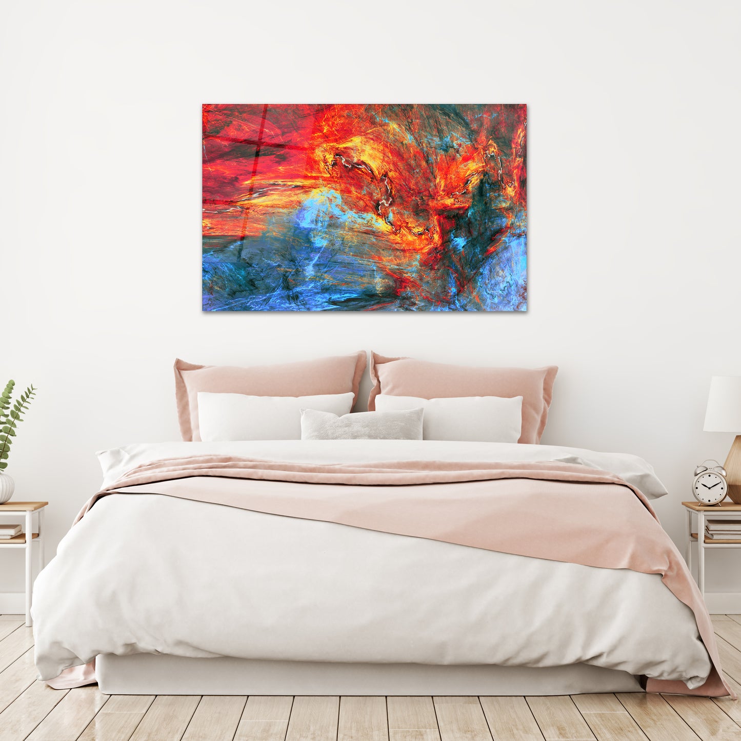 Abstract red and blue lava glass wall art with fractal design - modern home decor