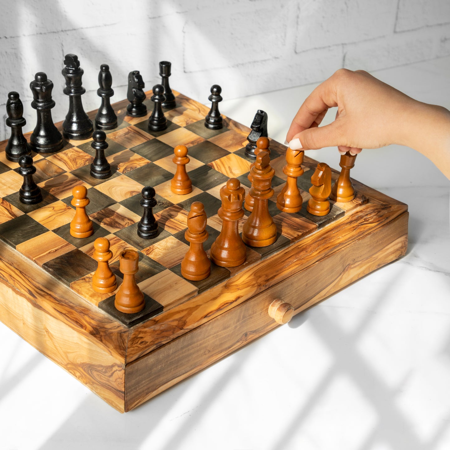 Tunisian Olive Wood Chessboard with One Large Drawer
