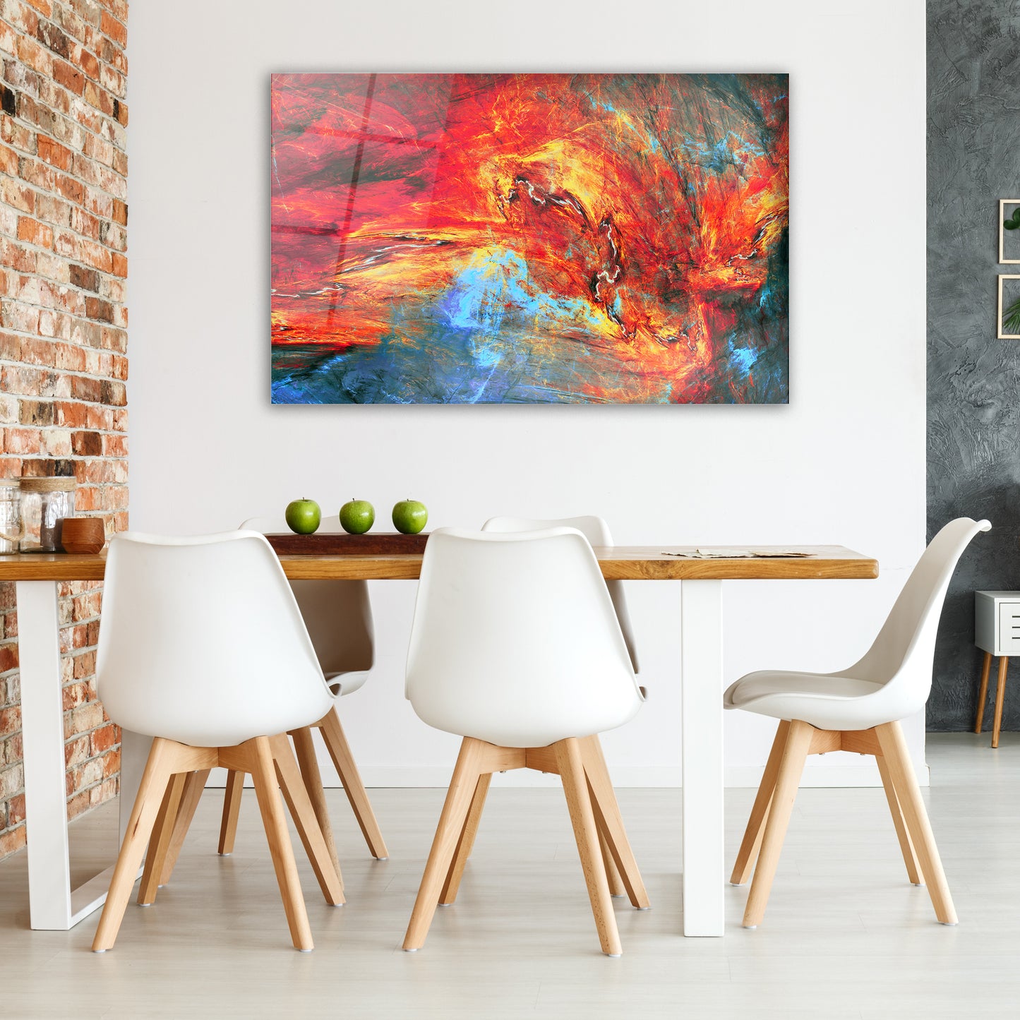 Modern dining room with extra-large 27x43 inch glass wall art