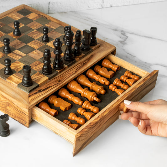 Tunisian Olive Wood Chessboard with One Large Drawer