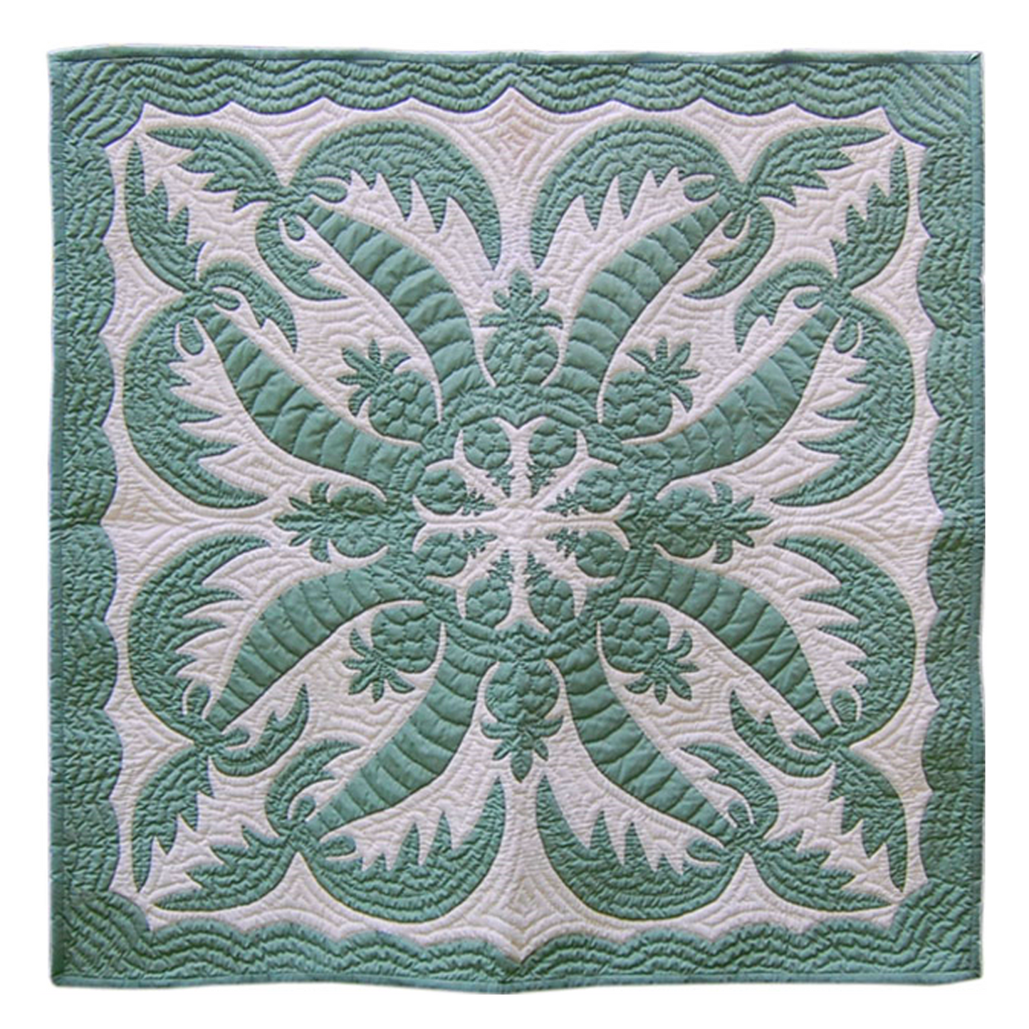 Seafoam green Hawaiian quilt with coconut and pineapple design (42x42 inches)