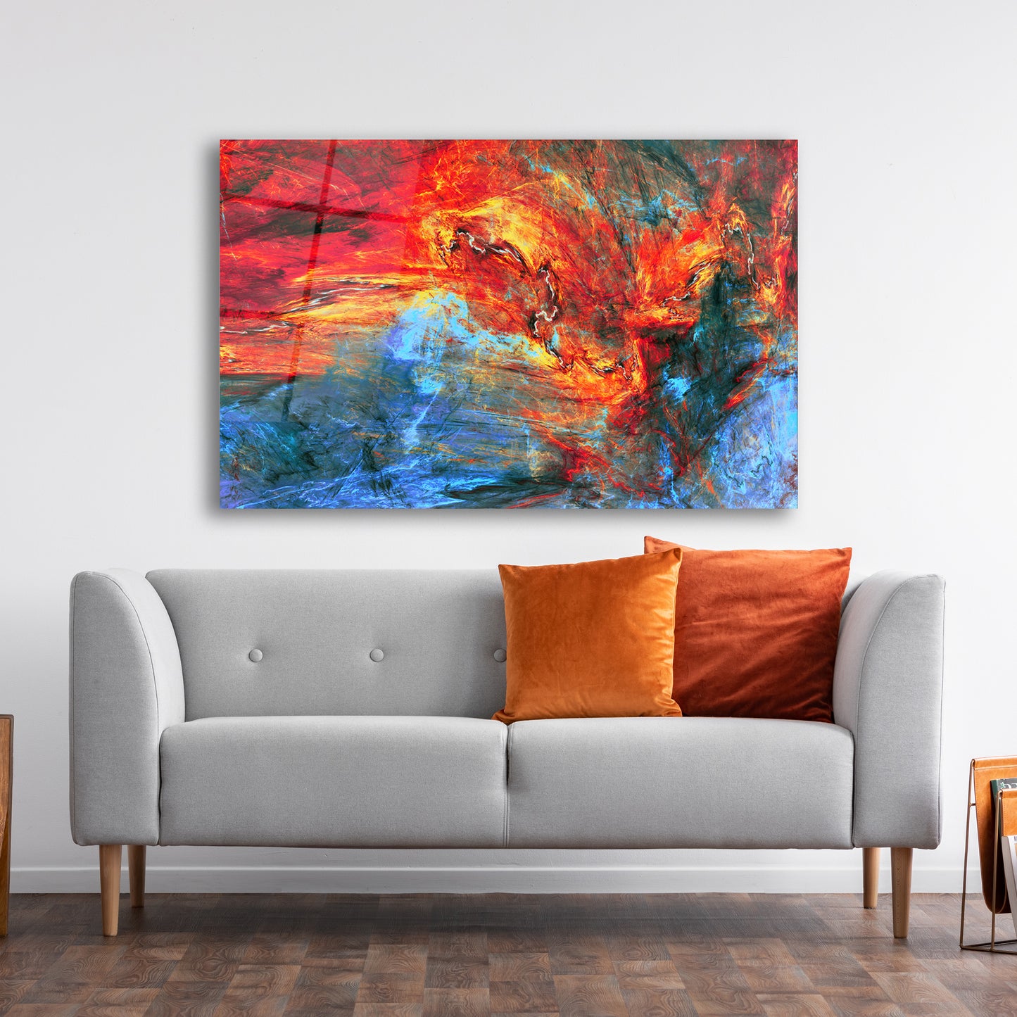 Abstract red and blue lava glass wall art with fractal design - modern home decor