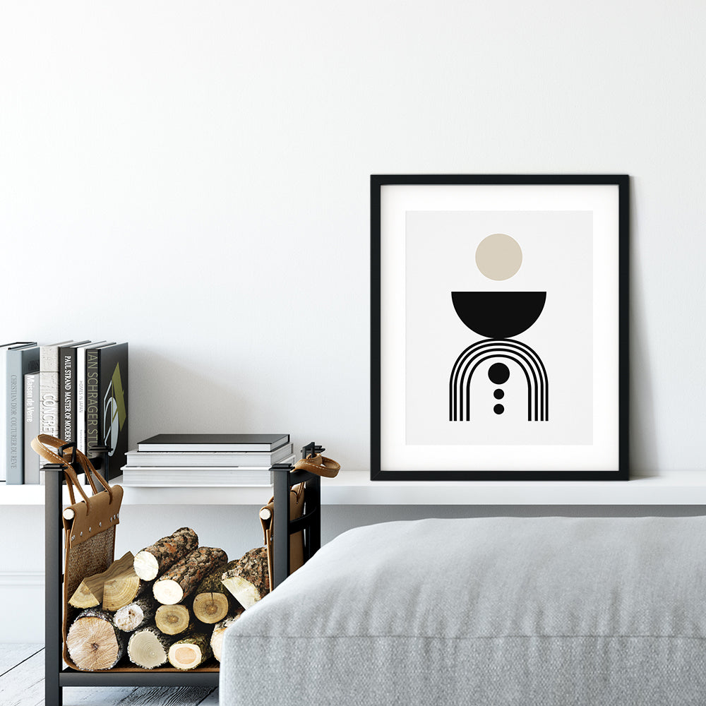 Geometric Mid-Century Modern Wall Art – Black & Beige Print