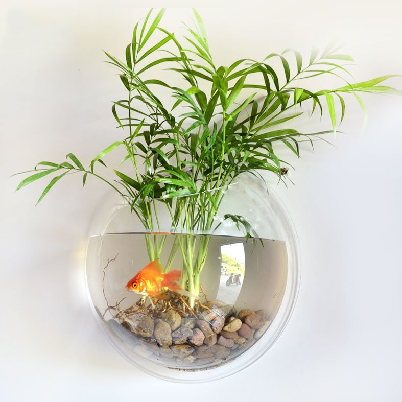Modern living room with hanging aquarium as wall decor