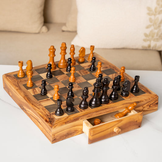 Handcrafted Olive Wood Chessboard with Drawers