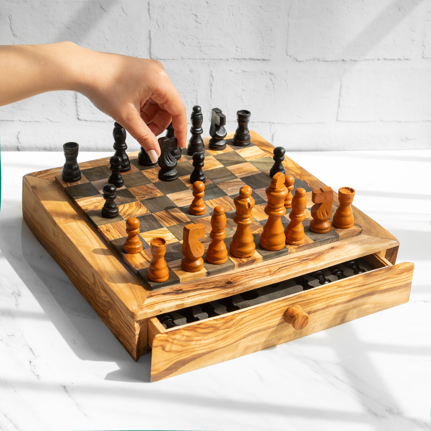 Tunisian Olive Wood Chessboard with One Large Drawer