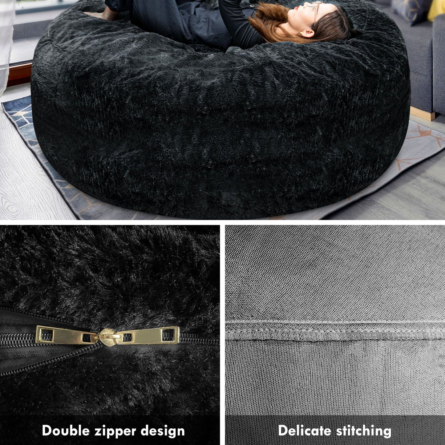 Washable PV velvet bean bag chair cover with double zippers