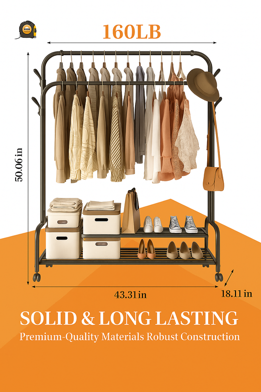 Heavy-Duty Rolling Metal Garment Rack with Dual Bars