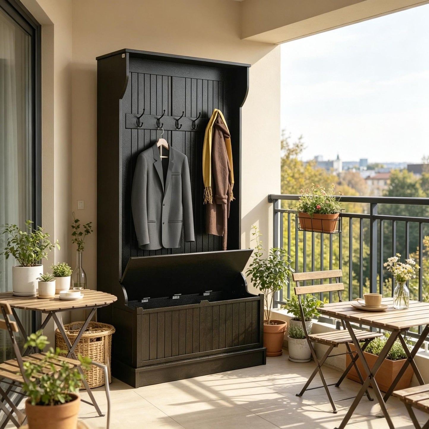Black storage bench with coat hooks on a balcony with outdoor furniture and plants.
