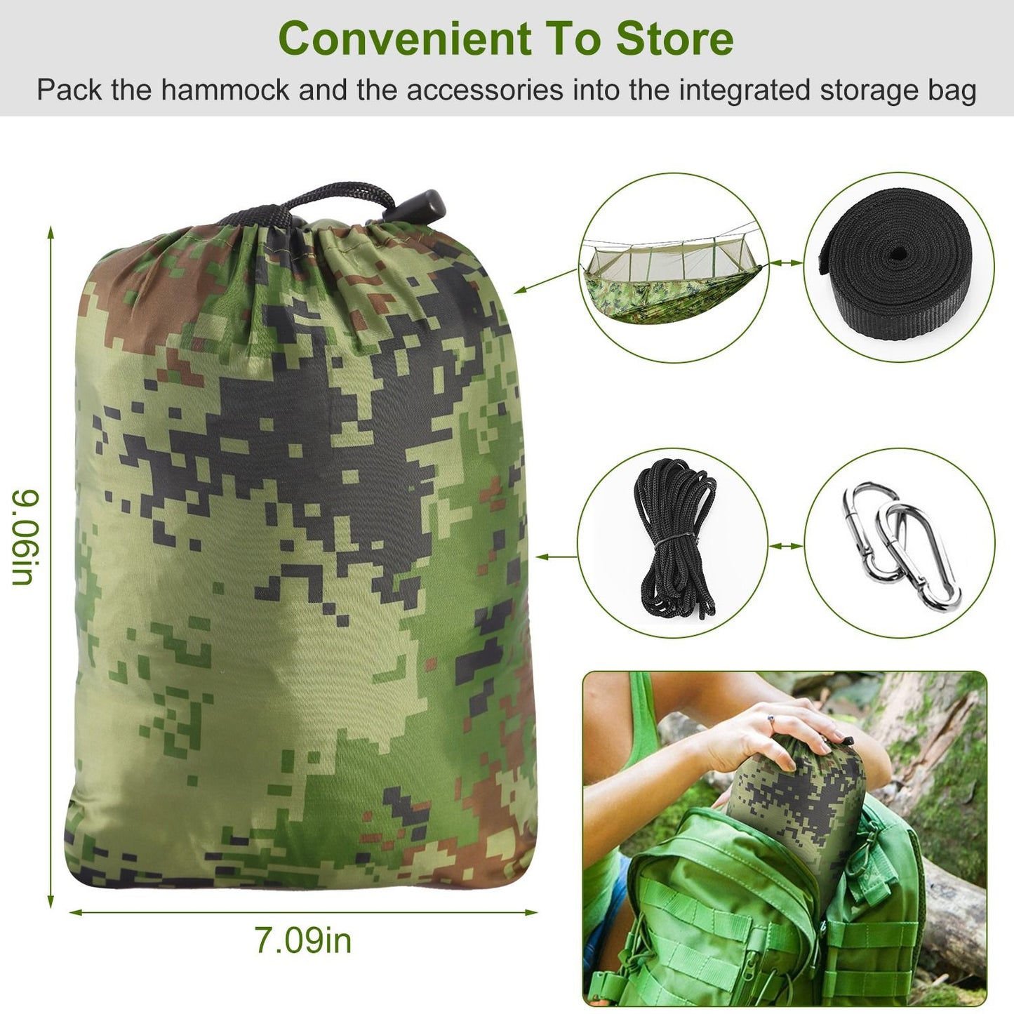 Camping hammock packed in travel-size carry bag