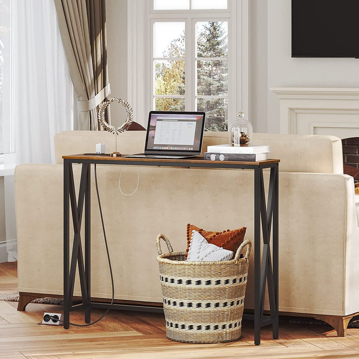Rustic Brown Entry Table with USB and Outlet Plugs