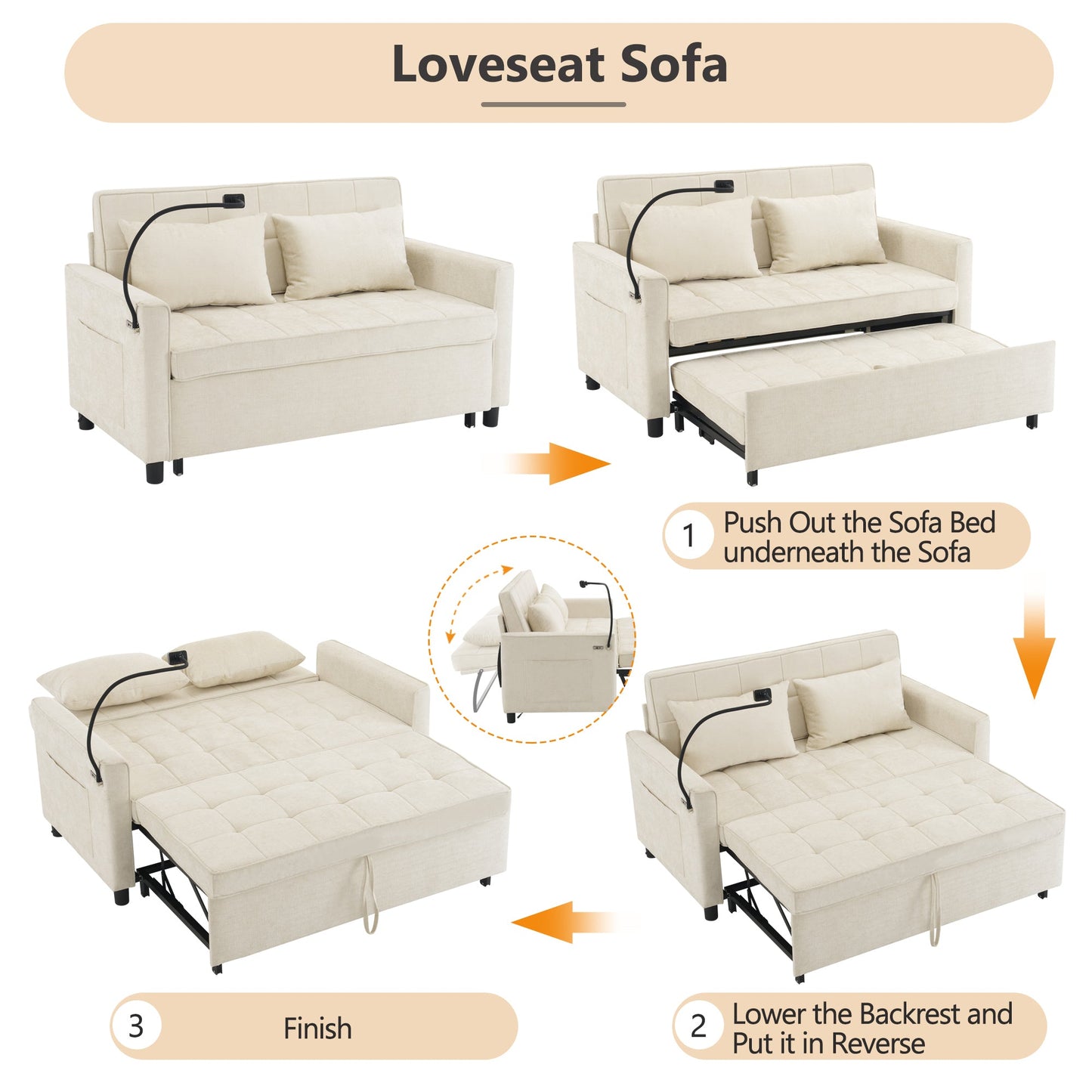 Beige Chenille Loveseat Sofa Bed with USB Ports, Phone Holder, and Side Pockets