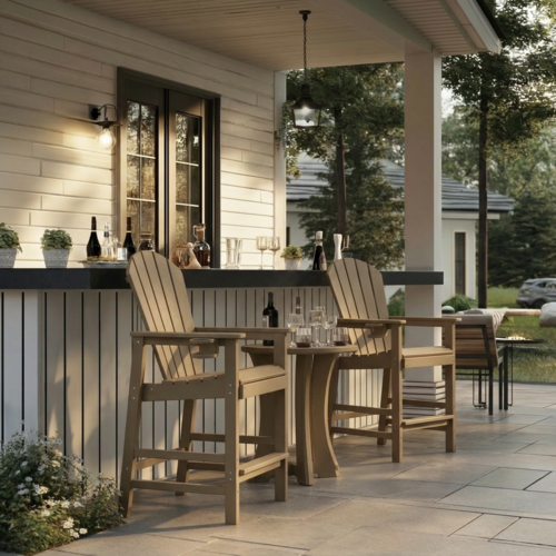 Outdoor patio with wooden chairs and table on a stone patio, surrounded by greenery.
