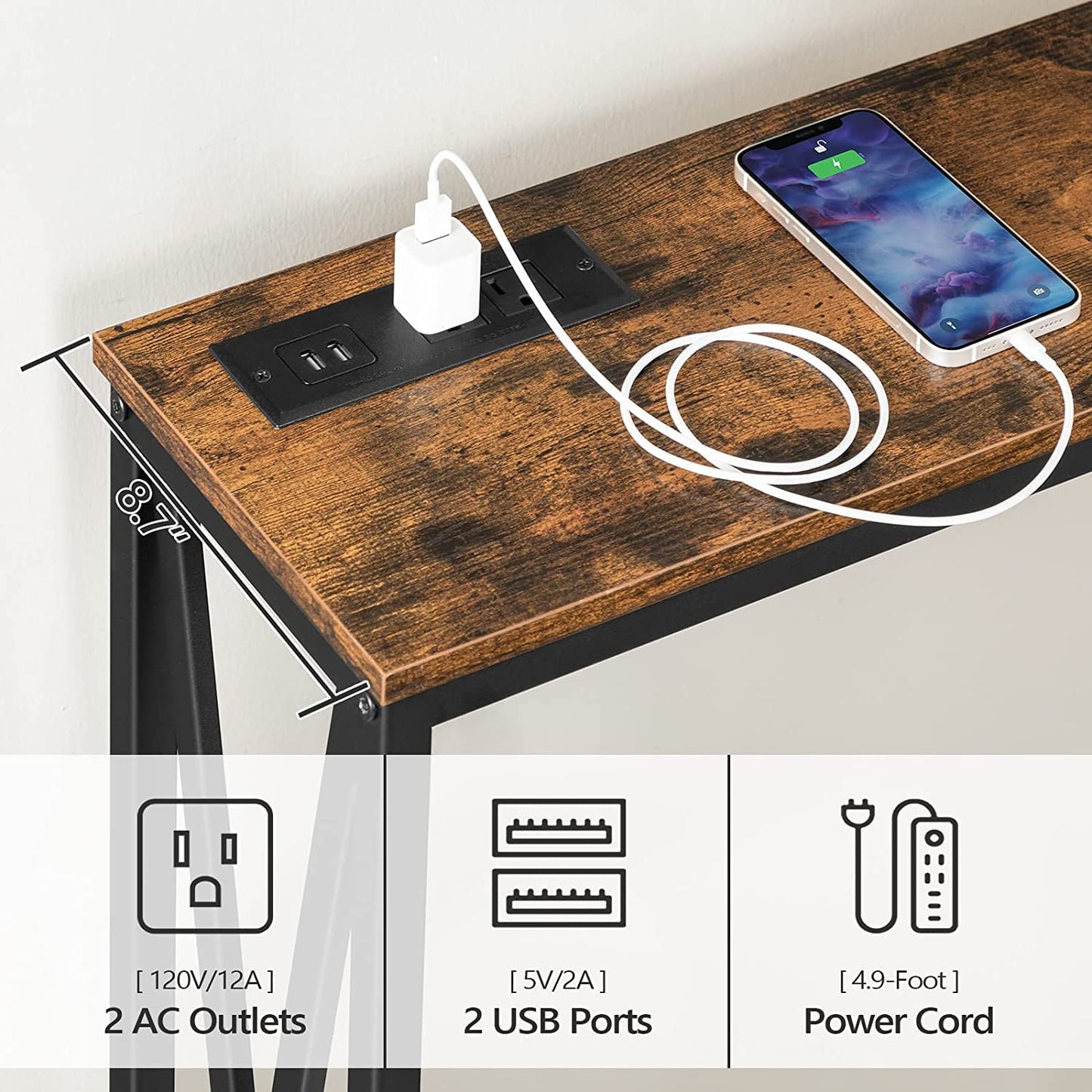 Rustic Brown Entry Table with USB and Outlet Plugs