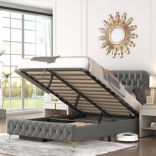 Queen Velvet Platform Bed with Lift-Up Storage
