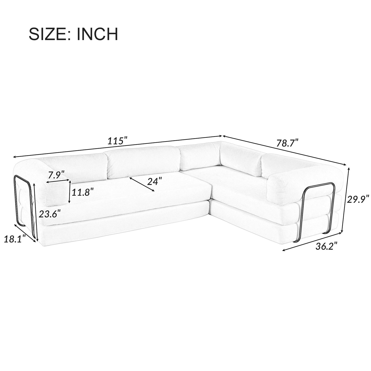 4-Seat Modular Sectional Sofa in Gray Corduroy - Converts to Guest Bed (No Assembly)