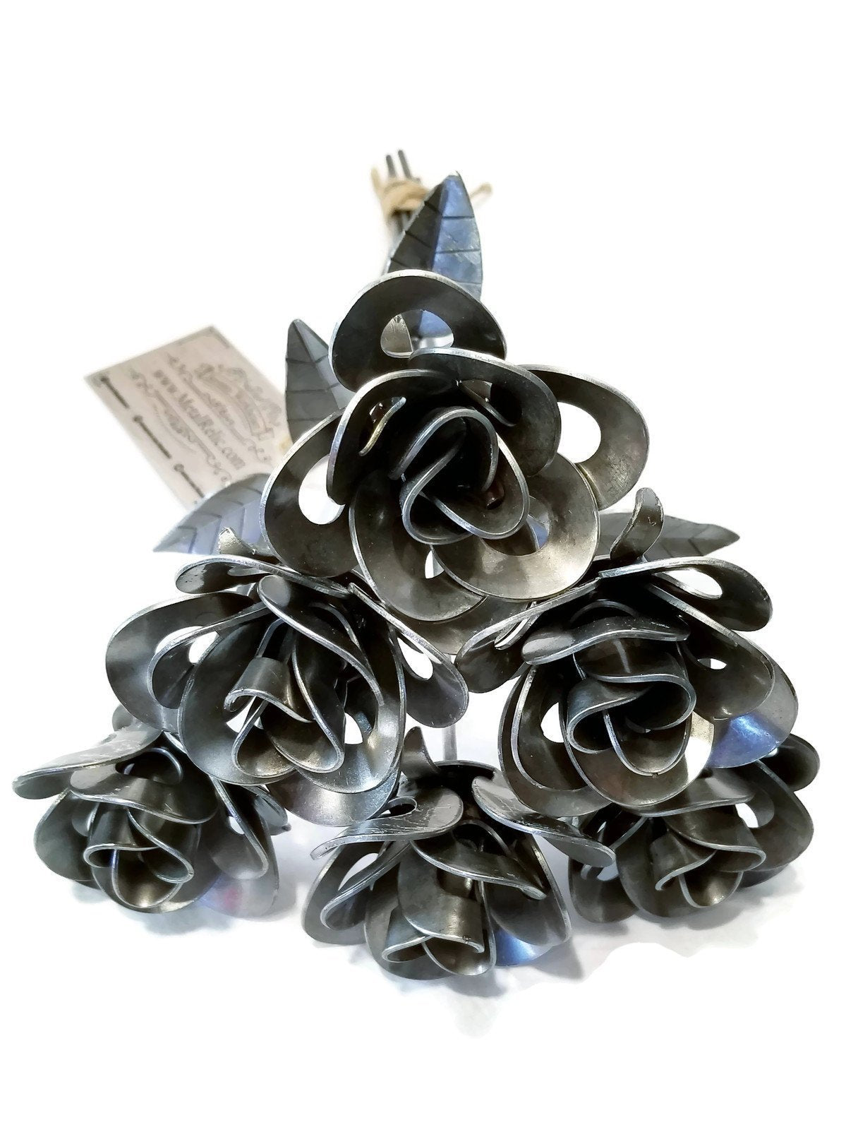Handmade welded metal rose bouquet with upcycled vase