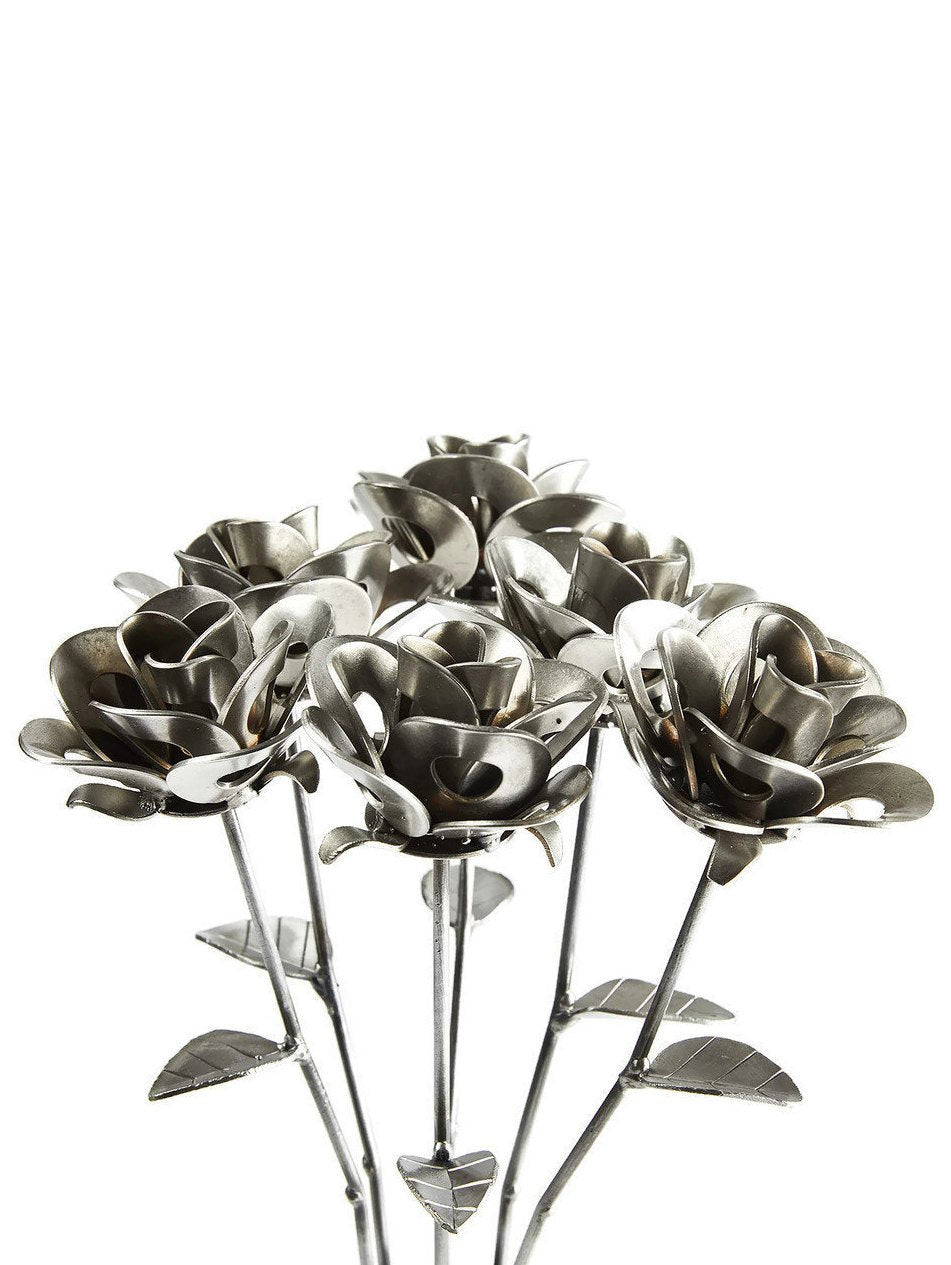 Handmade welded metal rose bouquet with upcycled vase