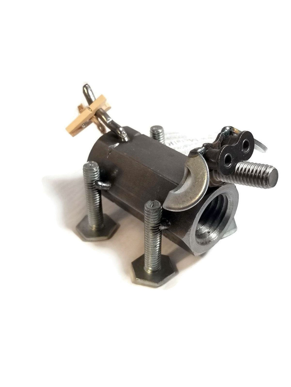 Upcycled steel dog statue with industrial rustic charm