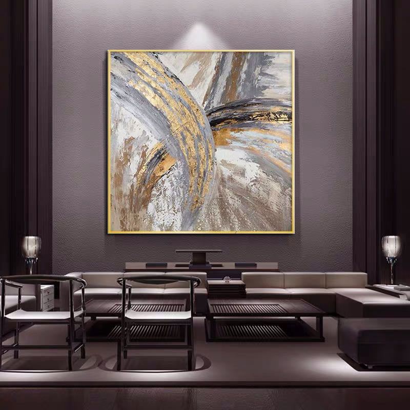 Luxury Hand-Painted Gold & Gray Abstract Oil Painting on Canvas