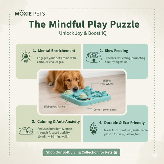 Mindful Play Puzzle slow-feeder dog toy infographic showing a golden dog using an interactive puzzle with sliding paw panels. Highlights mental enrichment, slow feeding for healthy digestion, calming anti-anxiety activity, and durable eco-friendly materials. Moxie Pets soft living pet collection.