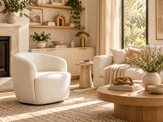 White Bouclé 360° Swivel Barrel Chair