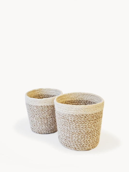 Bohemian Plant Pot Cover Set of 2 Sizes - Natural & White Woven Jute