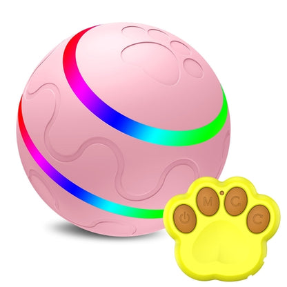 Pink ball with colorful light strip and yellow paw-shaped remote control on a white background