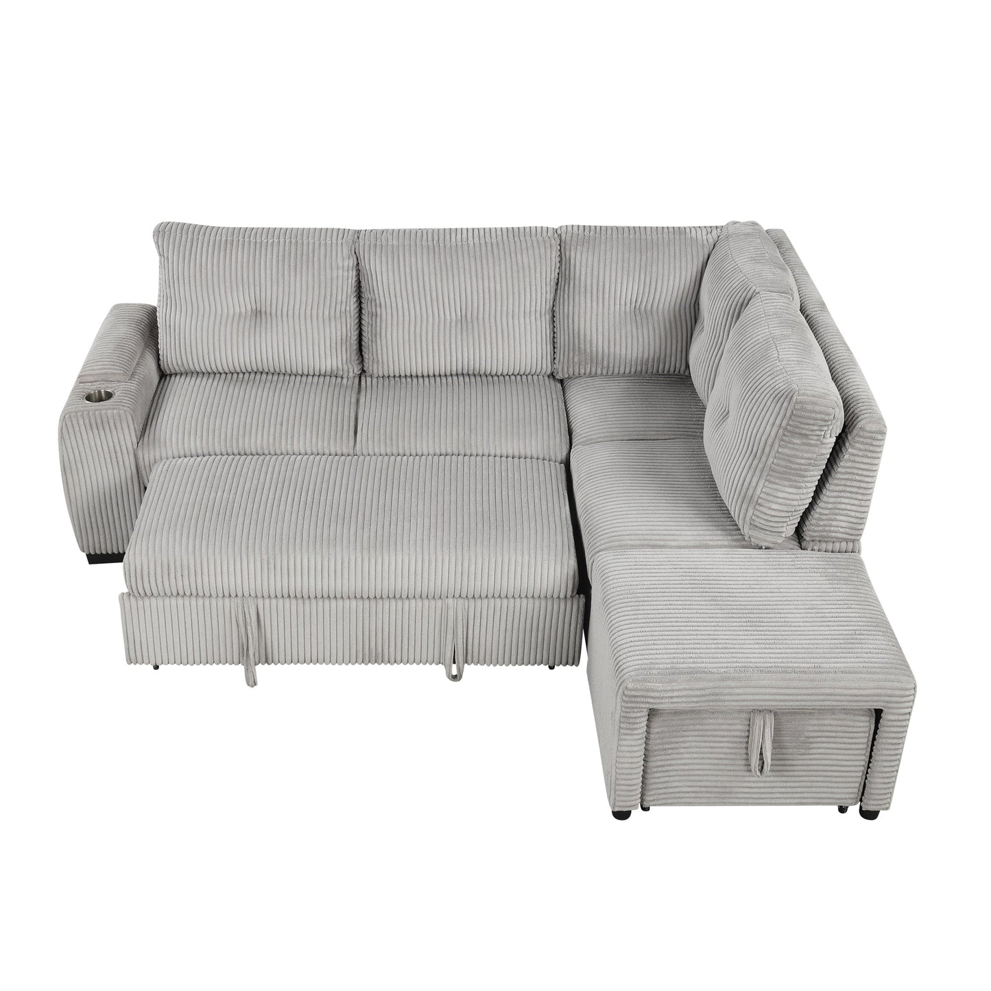 Light Grey Corduroy Sectional Sofa Bed with Built-in USB, Storage, and Movable Ottoman