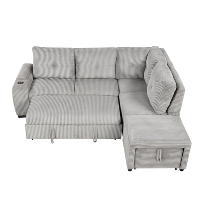 Light Grey Corduroy Sectional Sofa Bed with Built-in USB, Storage, and Movable Ottoman