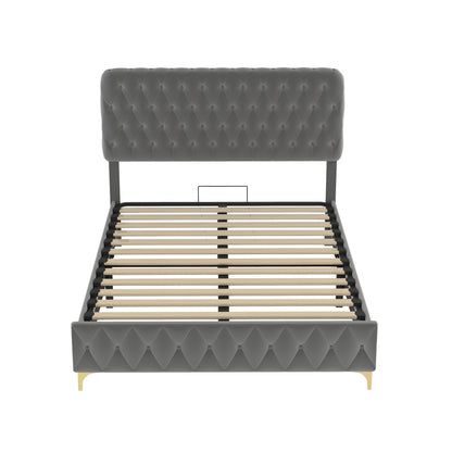Queen Velvet Platform Bed with Lift-Up Storage