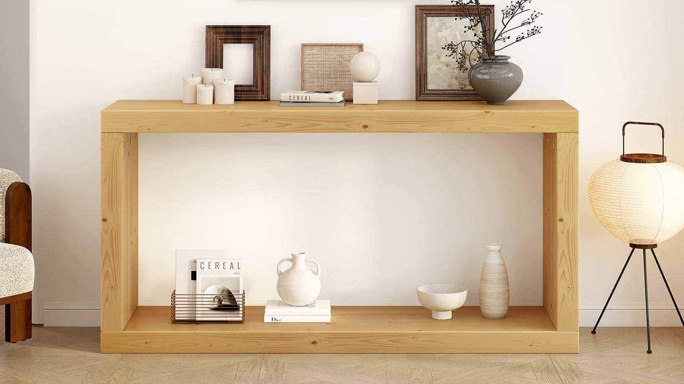Modern Minimalist Entryway Console Table with Storage Shelf – Natural Wood Hallway Table