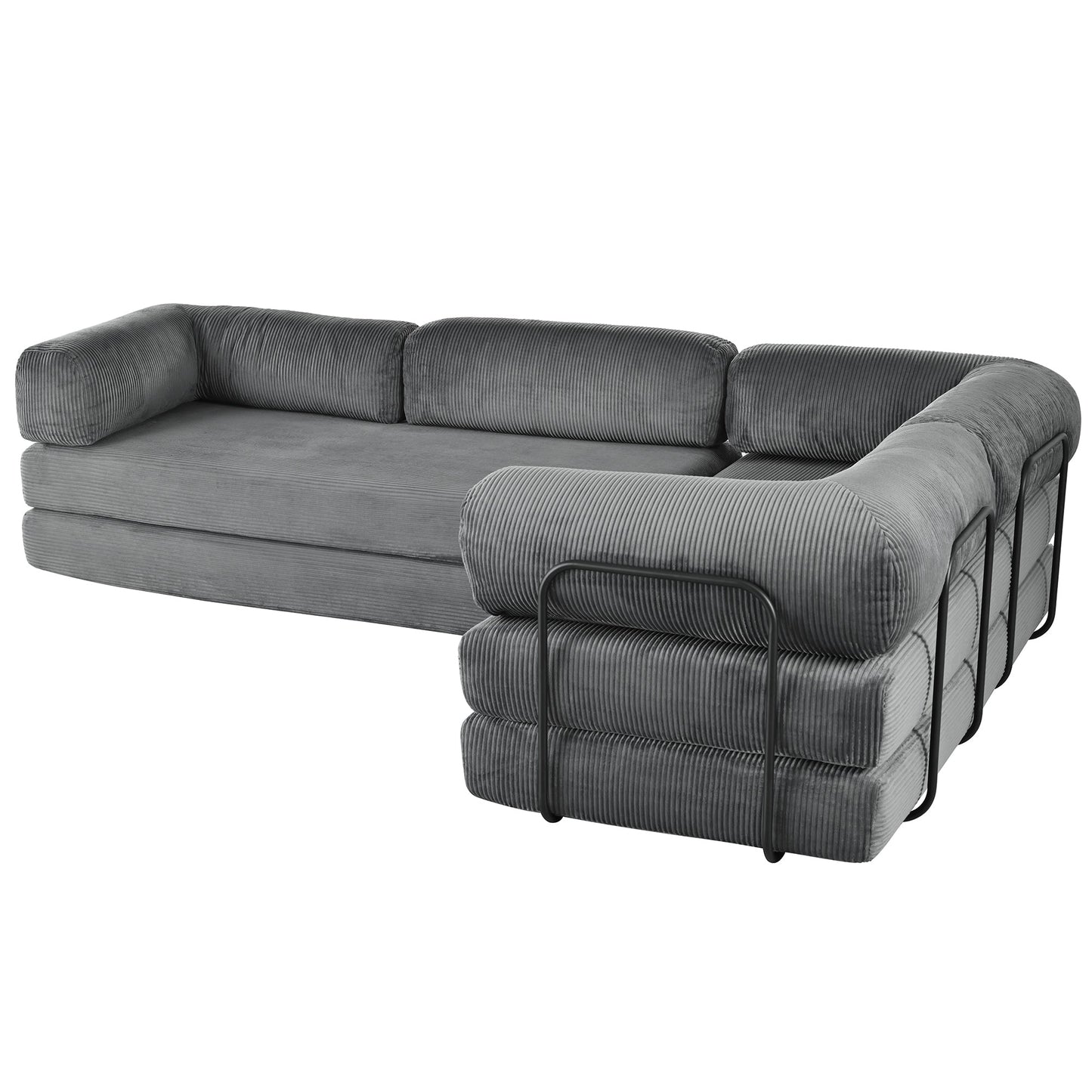 4-Seat Modular Sectional Sofa in Gray Corduroy - Converts to Guest Bed (No Assembly)