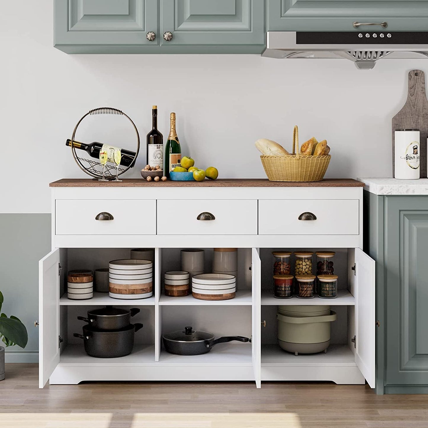 Modern Farmhouse Buffet Cabinet | White with Gold Knobs, Wine Storage, Adjustable Shelves